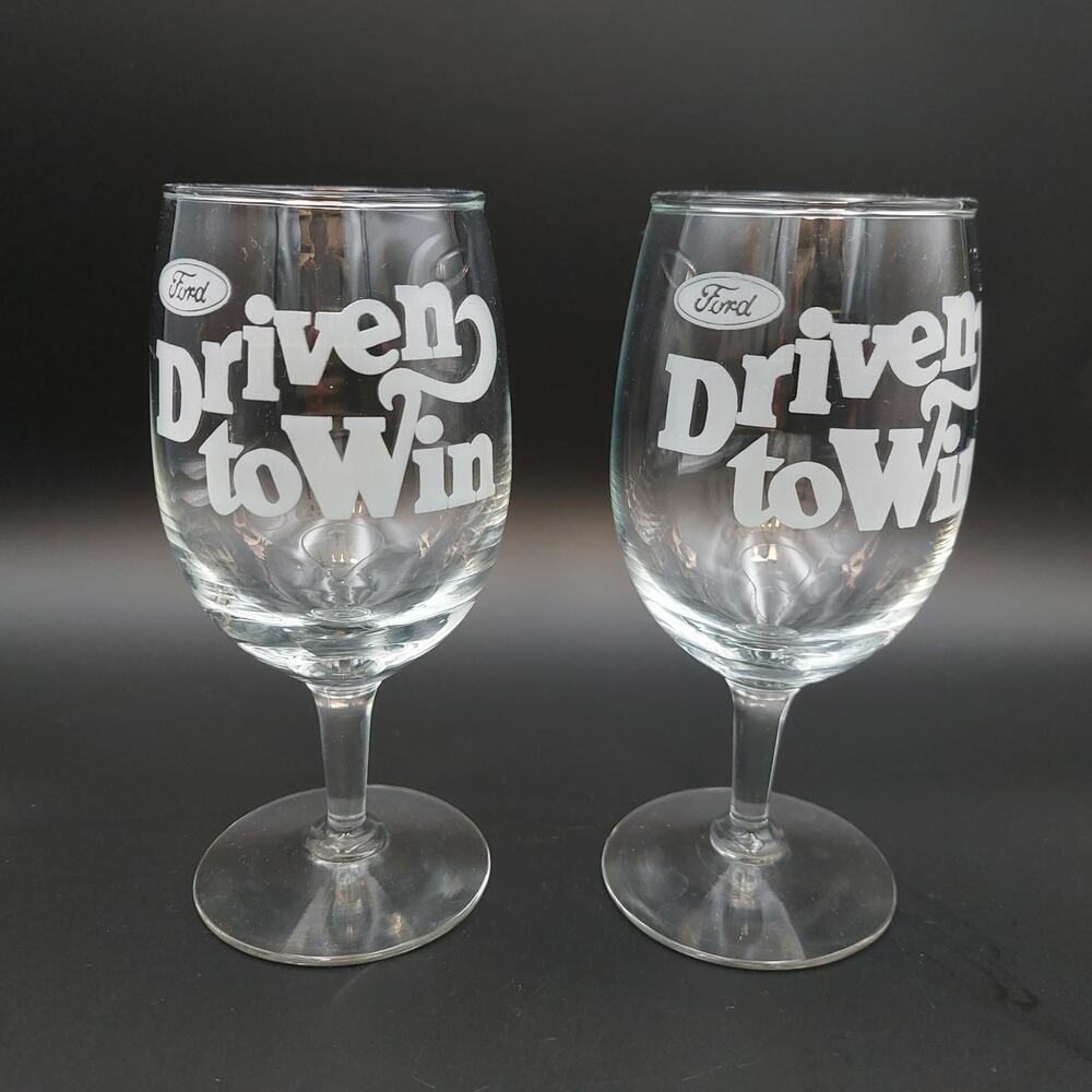 VTG Ford Driven to Win Wine Glasses Pair 2pc Set Automotive Barware Car Fan Gift